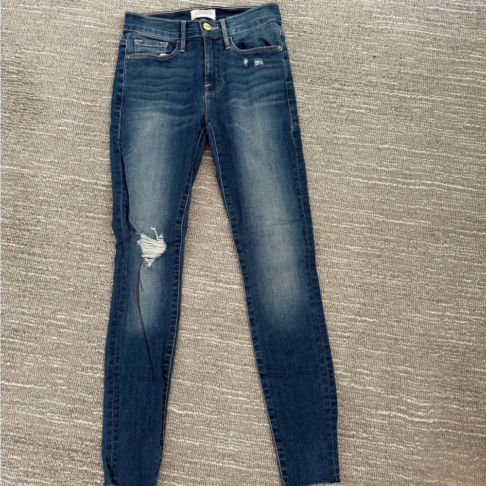 Frame Denim Blue Skinny Jeans with Distressed Details